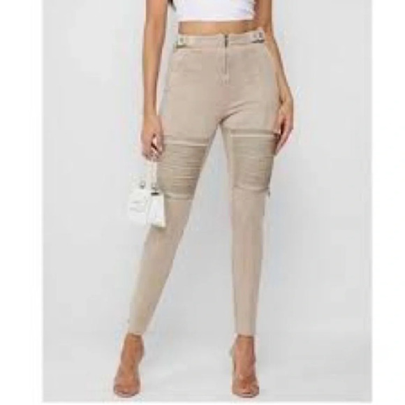 Maniere De Voir Pants - Manière De Voir Ribbed Vegan Suede Moto Leggings Pants Light Beige Y2K sz 8 NWT